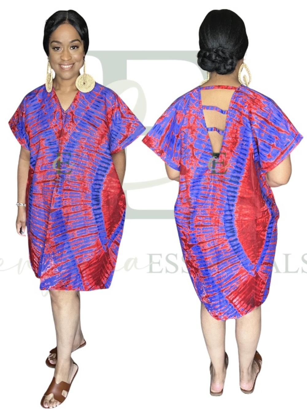 Red & Blue Tie-Dye Open Back Mini Boubou | One Size (M–XXL)